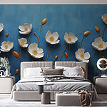 Wall murals Group of white flowers on a blue background