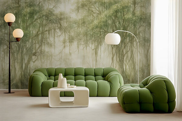 Painting of trees in a foggy forest Wall murals Painting of trees in a foggy forest