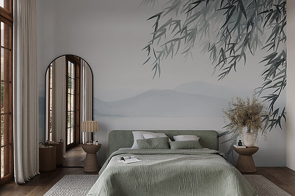 Water and trees with mountains in the background Wall murals Water and trees with mountains in the background
