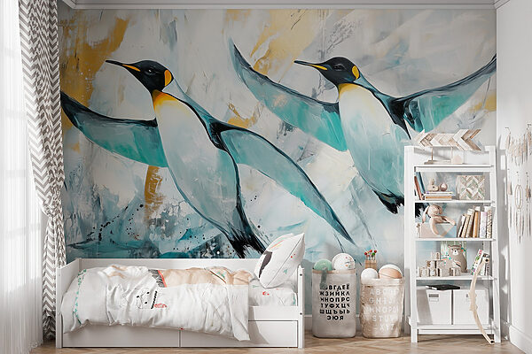 Painting of penguins flying Wall murals Painting of penguins flying