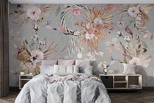 Wallpaper with flowers and feathers Wall murals Wallpaper with flowers and feathers