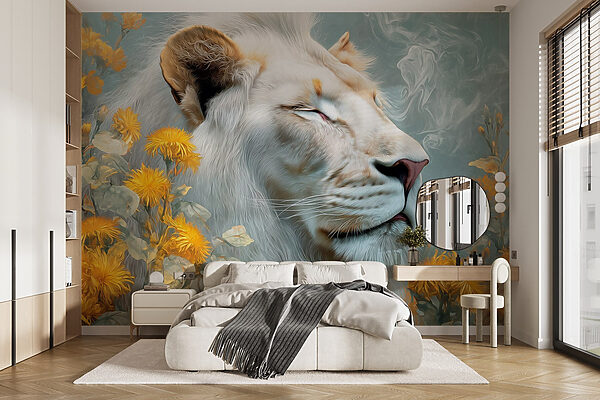 Lion with flowers and smoke Wall murals Lion with flowers and smoke