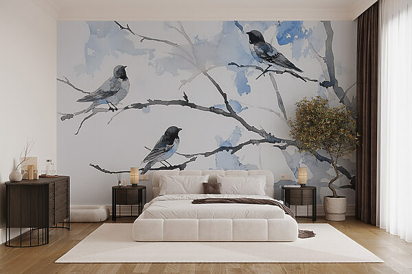 Group of birds on a tree branch Wall murals Group of birds on a tree branch