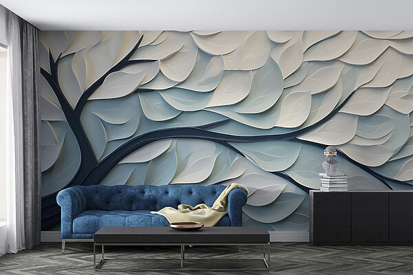 White and blue tree with leaves Wall murals White and blue tree with leaves