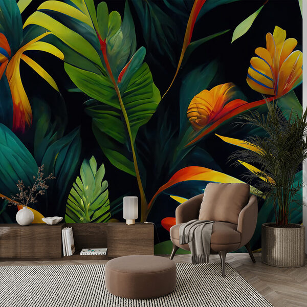 Wall mural Vibrant tropical leaves and flowers