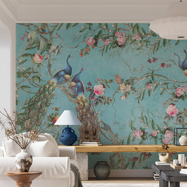 Wall mural Peacocks and flowers on blue background