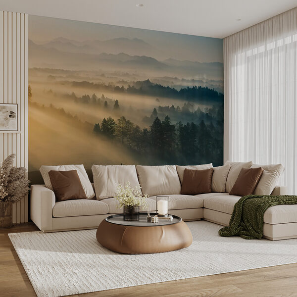 Foggy landscape with trees and mountains Wall mural Foggy landscape with trees and mountains