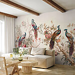 Wall mural Peacocks perched in vibrant trees