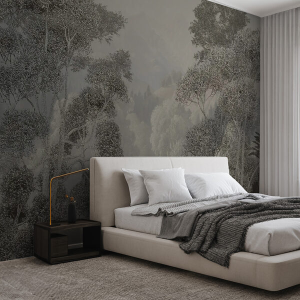 Misty forest with mountains beyond Wall mural Misty forest with mountains beyond