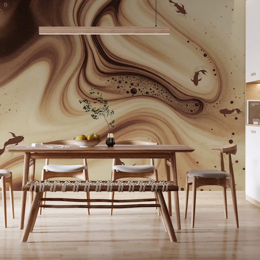 Wall mural Brown and white swirly waves with fish silhouettes (SKU: t00232)